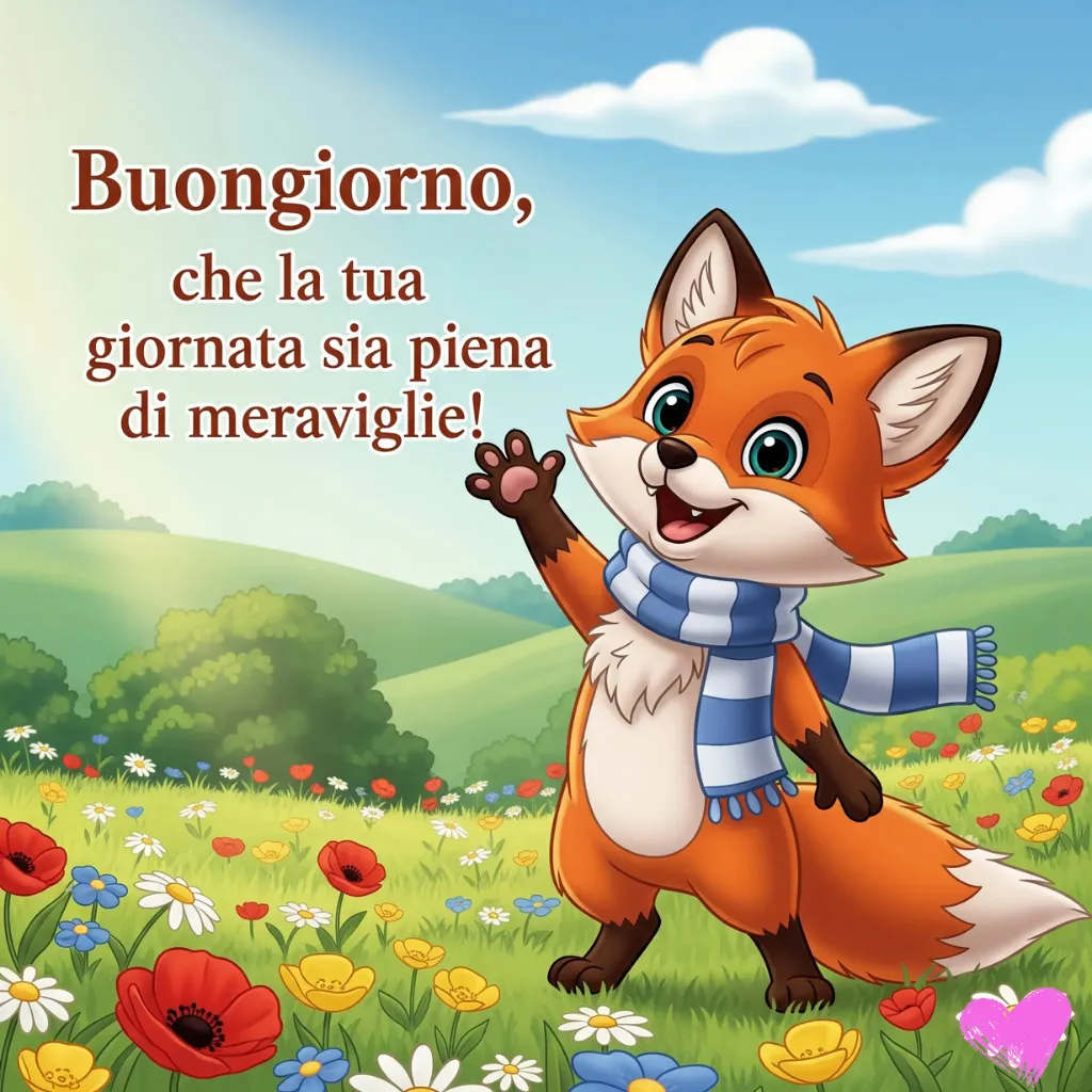 Una volpe dei cartoni animati con una sciarpa a righe blu e bianche saluta in un prato pieno di papaveri e altri fiori selvatici. In alto è scritta la frase italiana "Buongiorno, che la tua giornata sia piena di meraviglie!".