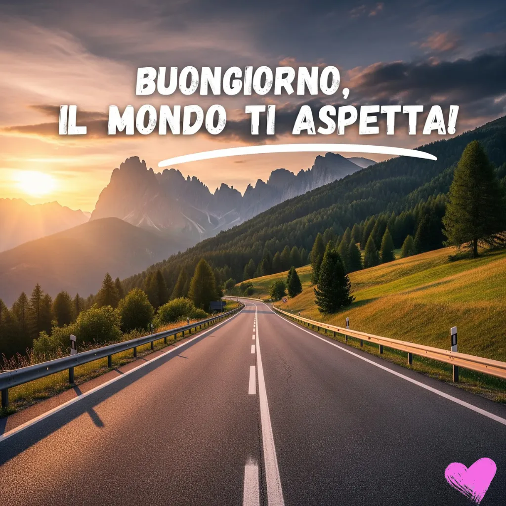 Una strada sterrata si snoda attraverso una valle di montagna all'alba. Le montagne sono coperte di alberi e la luce del sole è visibile dietro una cima. In cima è scritta la frase italiana "BUONGIORNO, IL MONDO TI ASPETTA!".