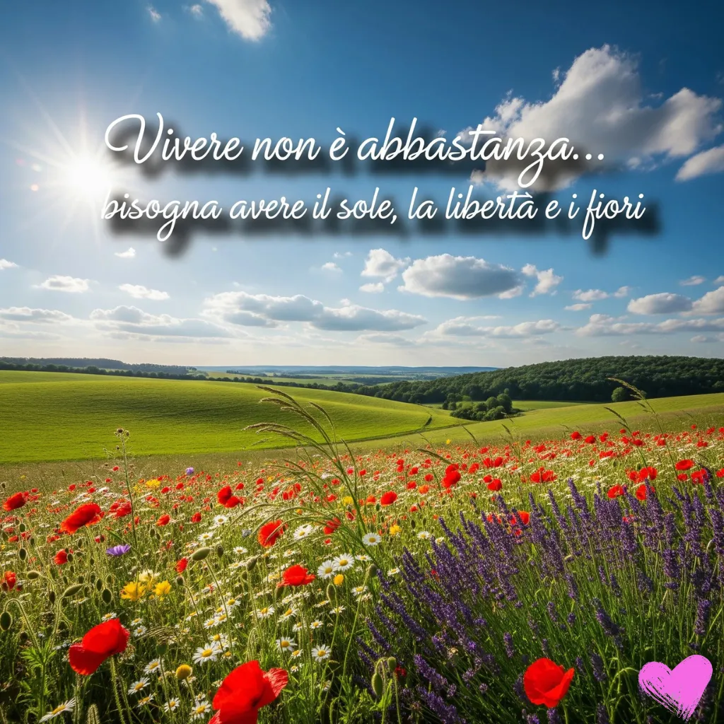 Un campo di fiori selvatici, tra cui papaveri e lavanda, è raffigurato in una giornata di sole, con sullo sfondo dolci colline verdi e un cielo azzurro. La frase italiana "Vivere non è abbastanza... bisogna avere il sole, la libertà e i fiori" è scritta in corsivo in alto.