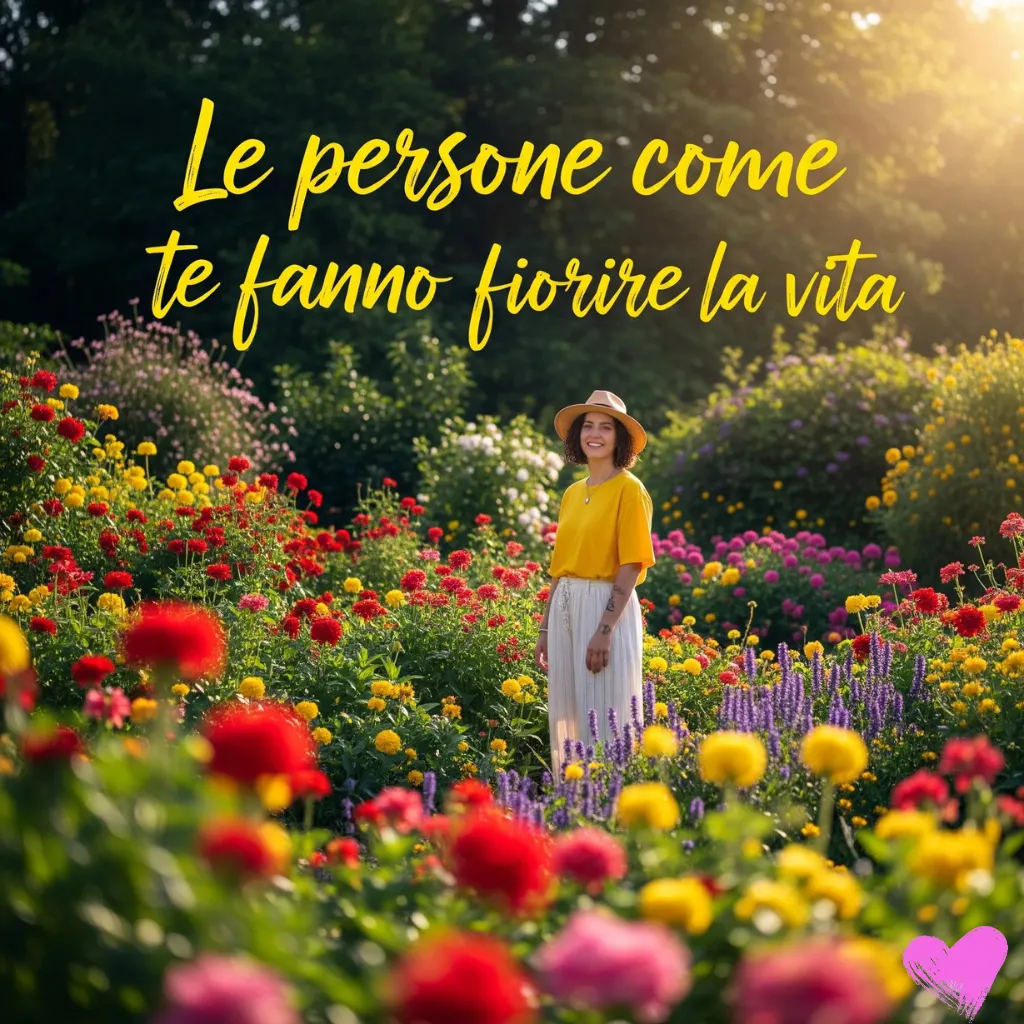 Una donna con una camicia gialla e un cappello è in piedi in un giardino rigoglioso, circondata da una varietà di fiori colorati. In alto, in corsivo giallo, è scritta la frase italiana "Le persone come te fanno fiorire la vita".