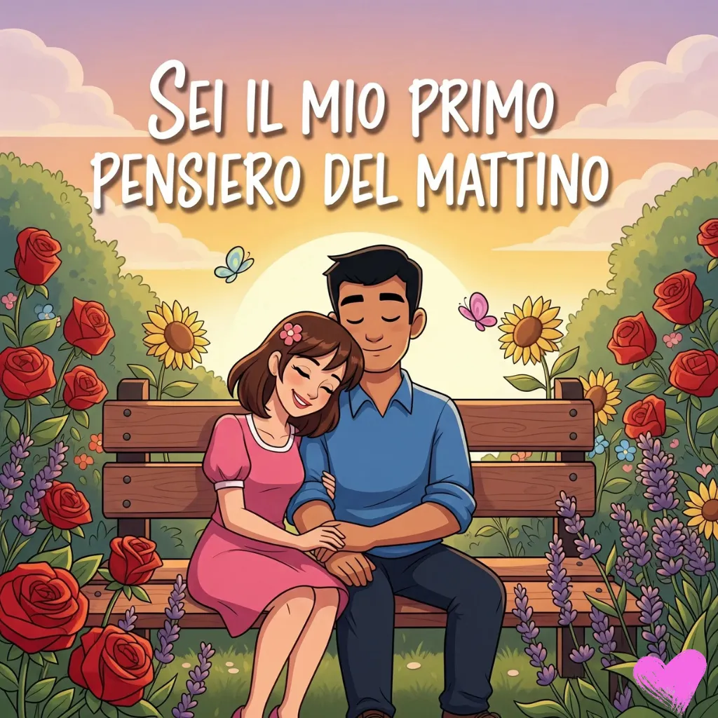 Una coppia di fumetti è seduta su una panchina di legno in un giardino con rose e girasoli. La donna appoggia la testa sulla spalla dell'uomo. In alto è scritta la frase italiana "SEI IL MIO PRIMO PENSIERO DEL MATTINO".