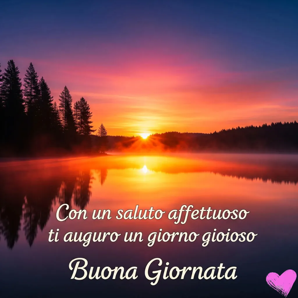 Un lago tranquillo è raffigurato al tramonto, con una silhouette di alberi sulla riva opposta e il sole che si riflette sull'acqua. Le frasi italiane "Con un saluto affettuoso ti auguro un giorno gioioso" e "Buona giornata" sono scritte in bianco in basso.
