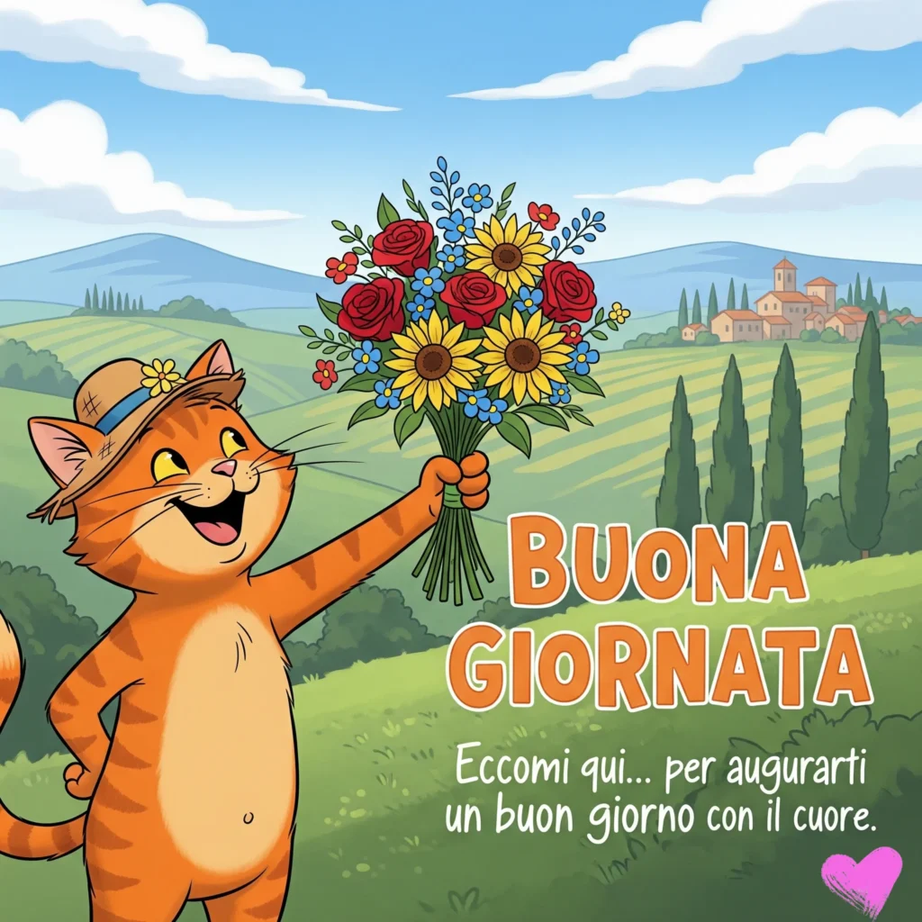 Un gatto dei cartoni animati con un cappello di paglia tiene in mano un grande mazzo di girasoli, rose e piccoli fiori blu. Il gatto è in piedi in un campo verde con dolci colline e un villaggio sullo sfondo. La scritta recita "BUONA GIORNATA" e "Eccomi qui... per augurarti un buon giorno con il cuore"